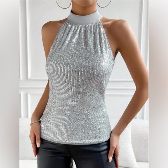 Silver Tie Back Sequin Halter Top - Picture 4 of 9